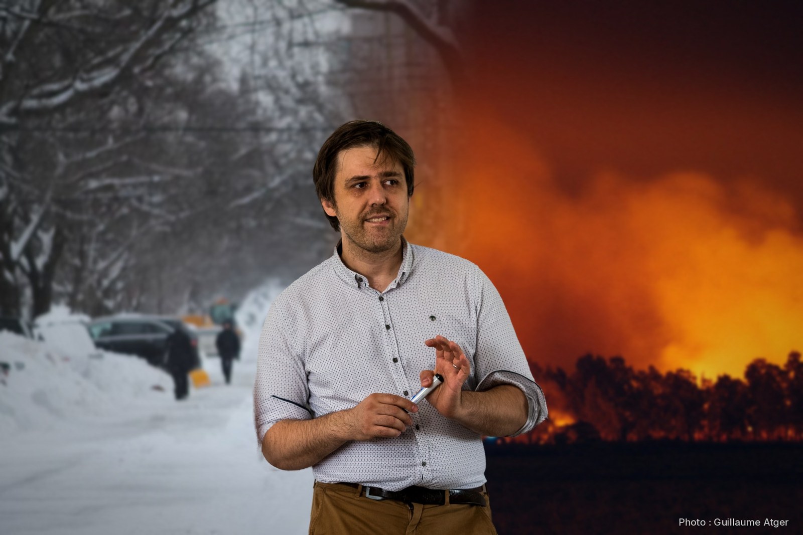 Antonin Atger devant une rue sous la neige et un incendie de forêt