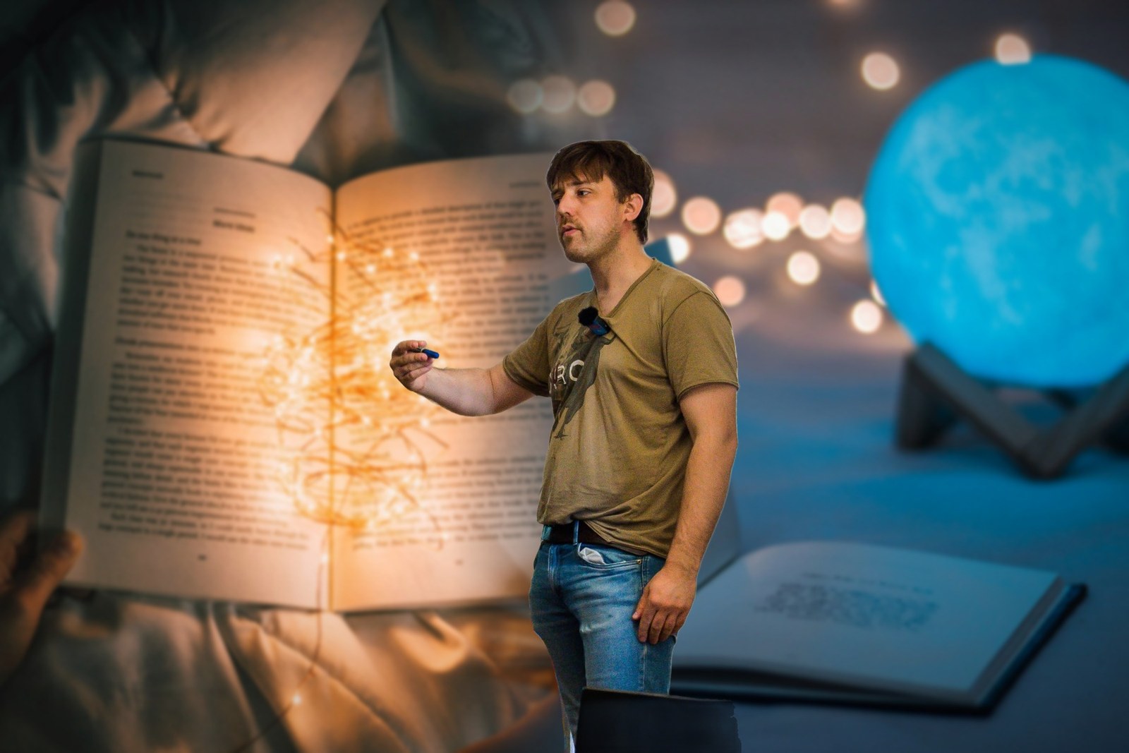 Antonin Atger devant un livre ouvert illuminé de guirlandes et une lampe en forme de lune