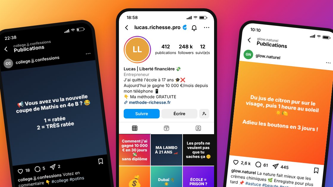 Trois fausses pages Instagram : un influenceur qui promet l'argent facile, un compte « confessions » qui se moque d'un élève, un faux conseil beauté signalé comme information fausse