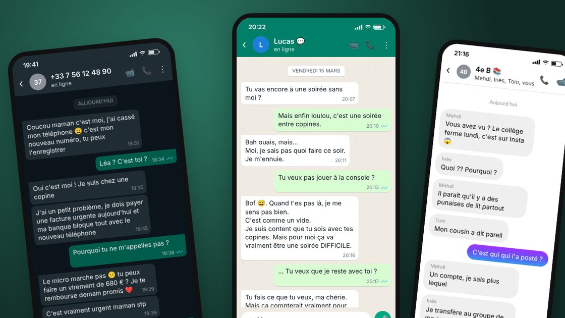 Trois fausses conversations : une arnaque sur WhatsApp, un message d'emprise, une rumeur dans un groupe Instagram