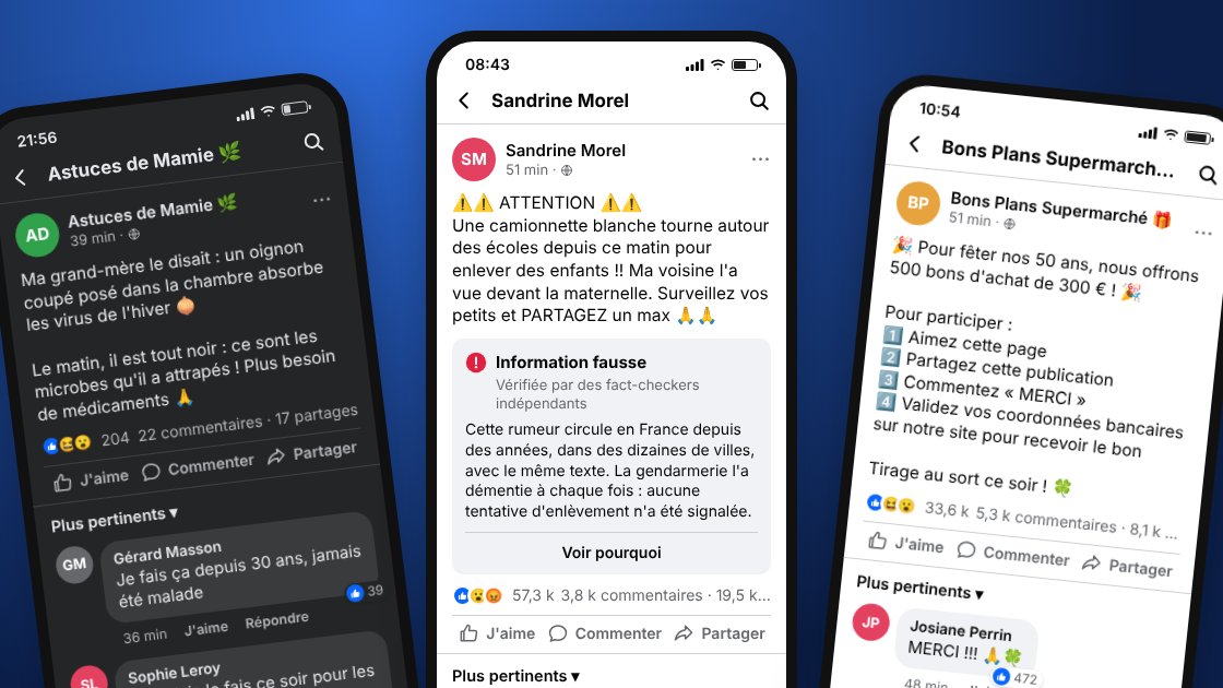 Trois fausses publications Facebook : un faux remède de grand-mère, la rumeur de la camionnette blanche signalée comme information fausse, un faux jeu-concours